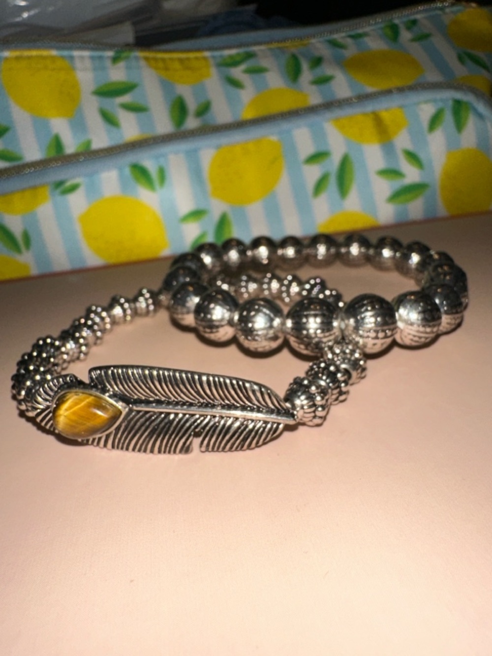Set of Silver Feather Bracelet with Tiger’s Eye Accent Bead,and Silver tone bead